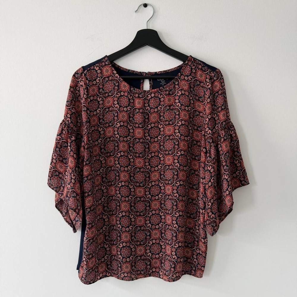 Loft Outlet Floral Blouse Top Womens M Boho Red Navy Shirt Flowy